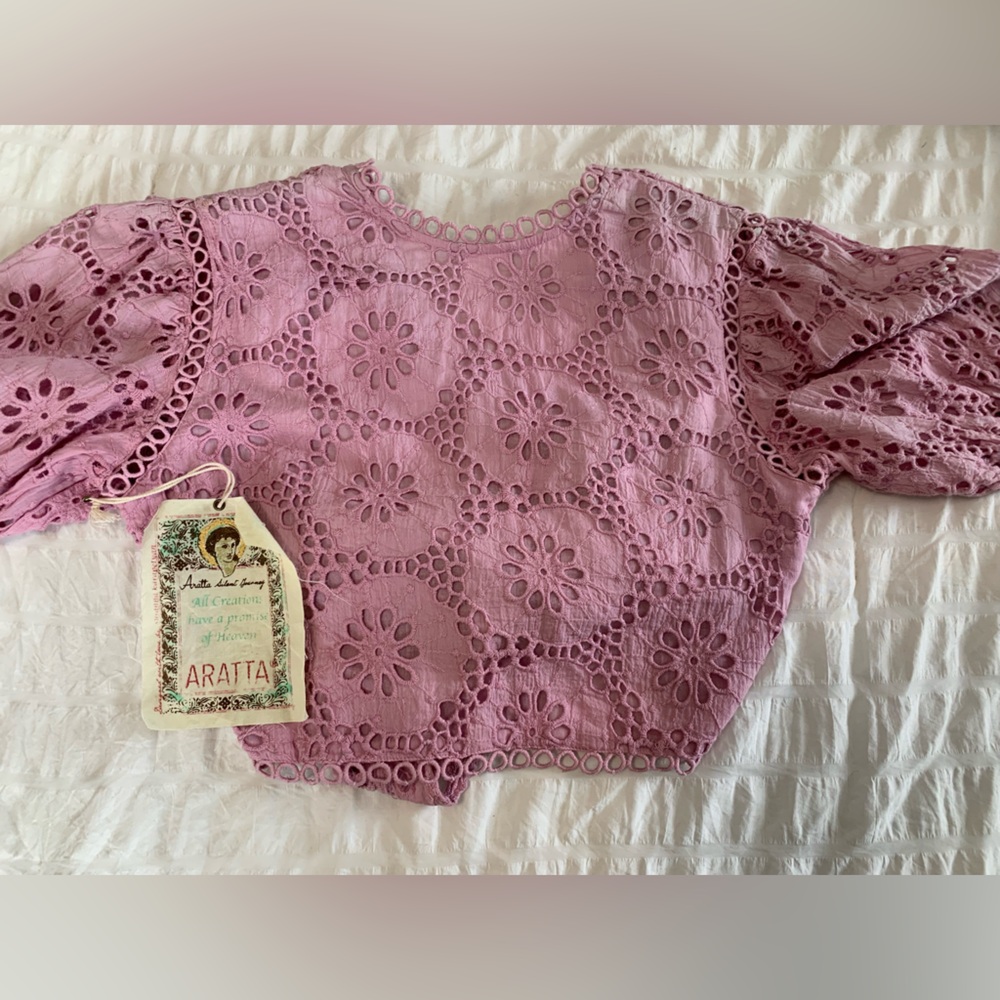 NWT Aratta Lace Crochet Puff Sleeve Crop Top - Dusty Rose - Picture 5 of 16